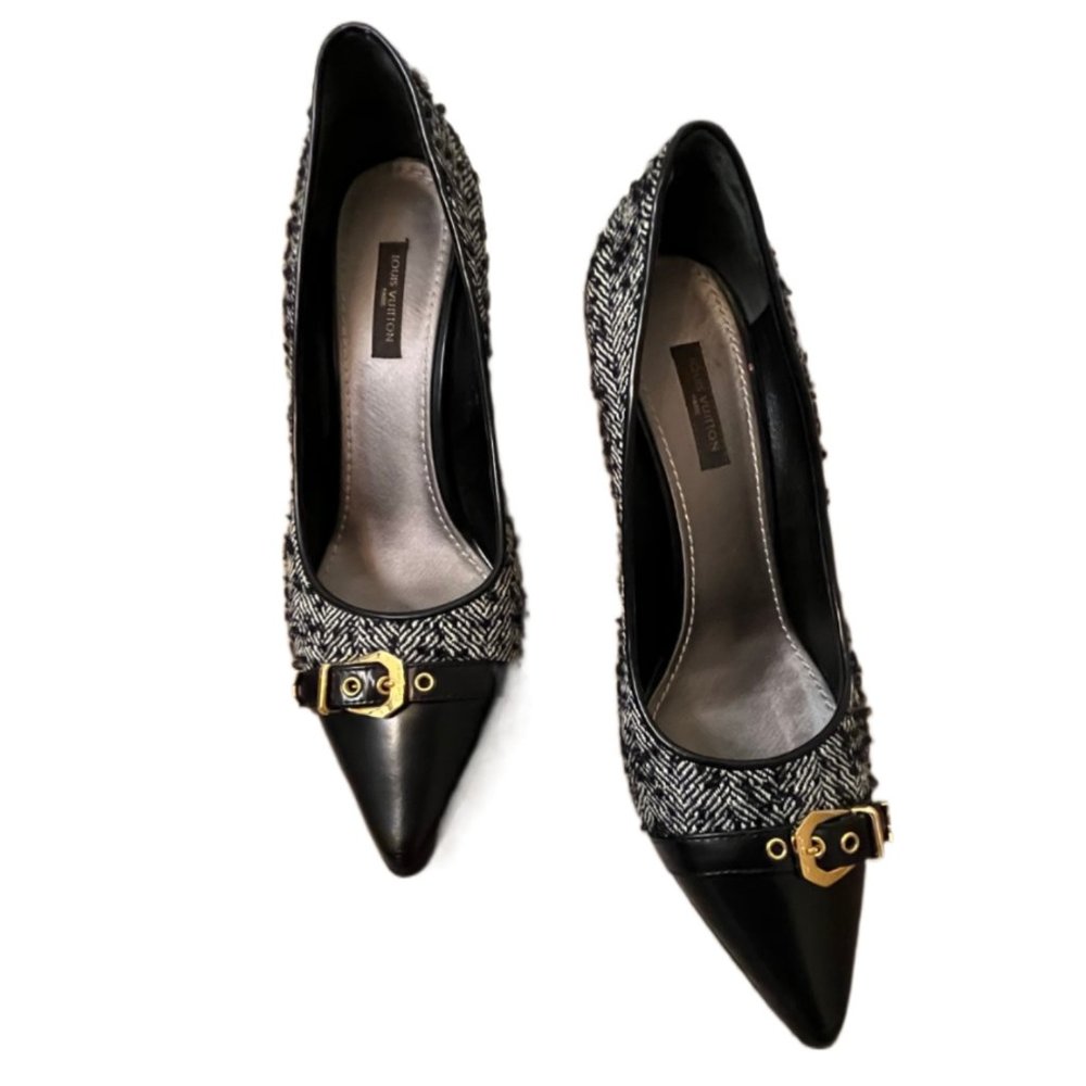 Louis Vuitton Black Leather Tweed Heels Size 37.5 - Picture 4 of 13